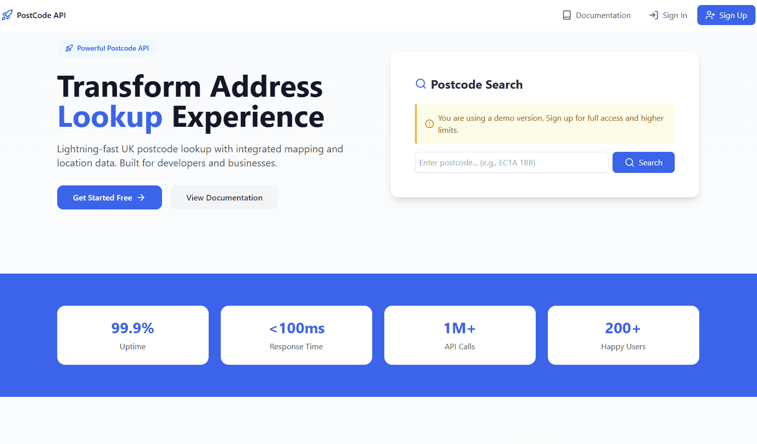 UK POSTCODE API screenshot